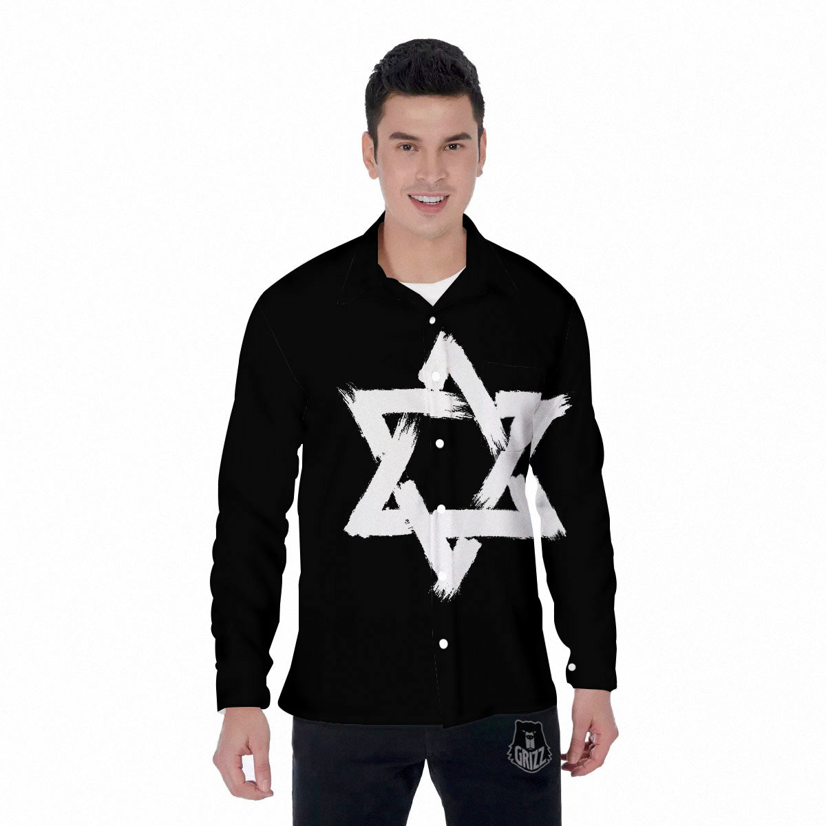 Black And White Star of David Print Men's Long Sleeve Shirts-grizzshop