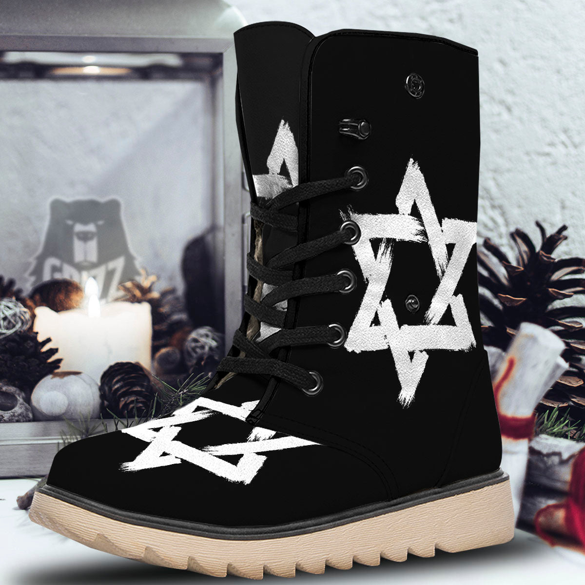 Black And White Star of David Print Snow Boots-grizzshop