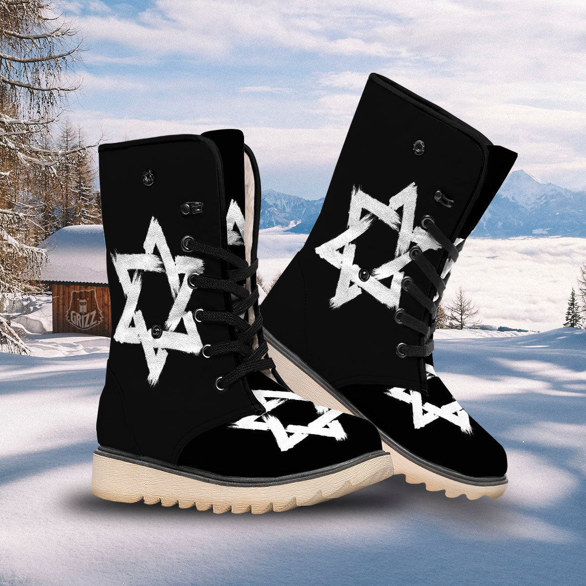 Black And White Star of David Print Snow Boots-grizzshop