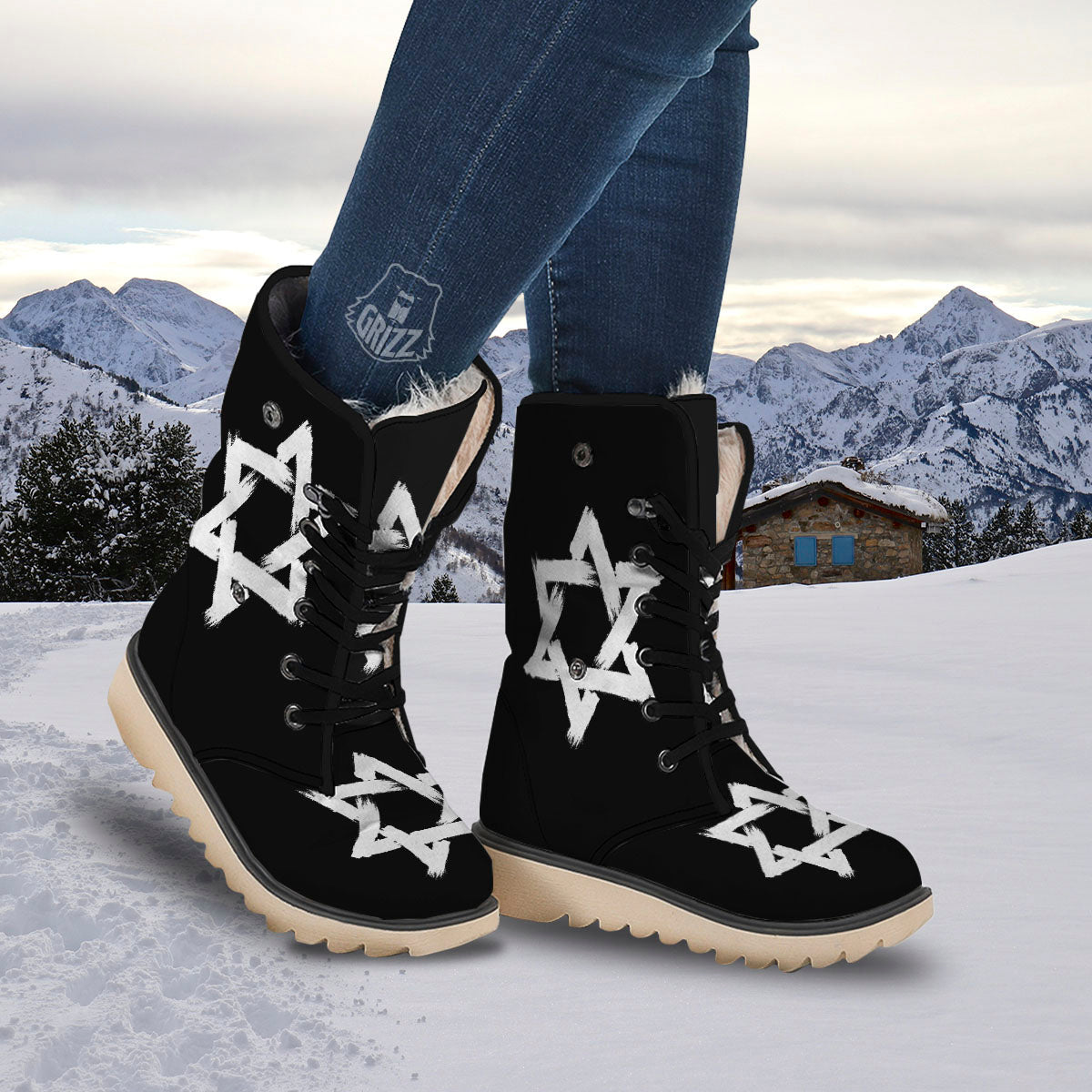 Black And White Star of David Print Snow Boots-grizzshop