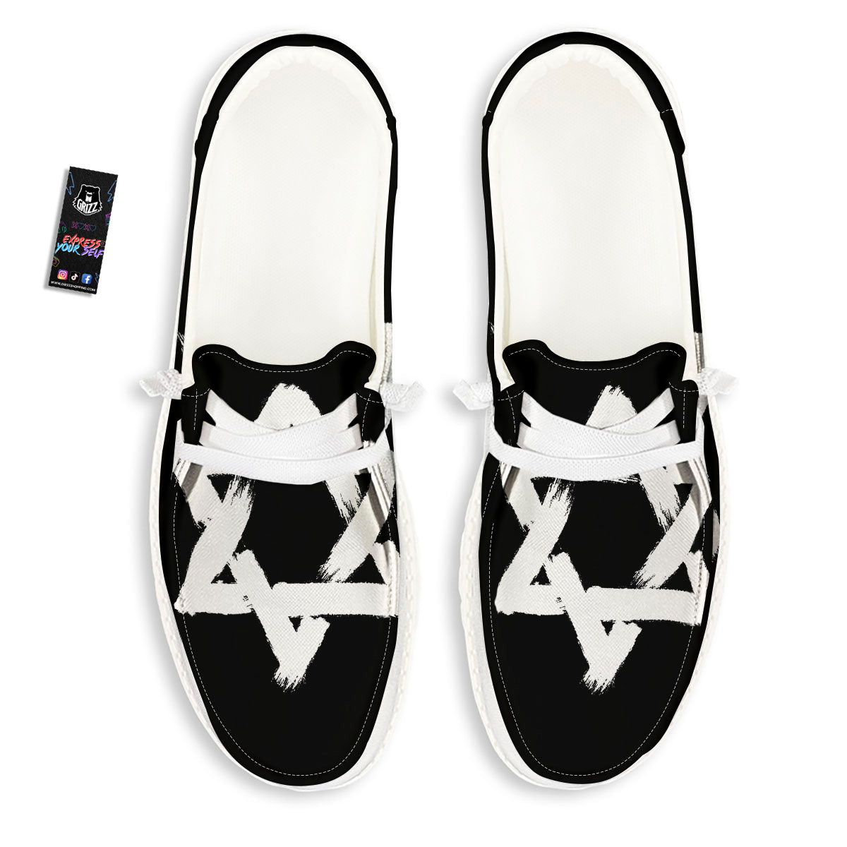 Black And White Star of David Print White Loafers-grizzshop