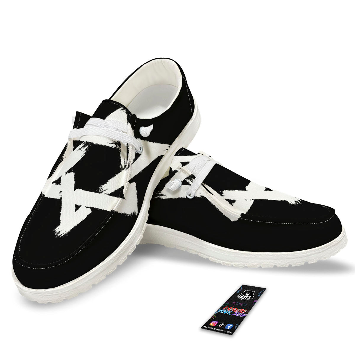 Black And White Star of David Print White Loafers-grizzshop