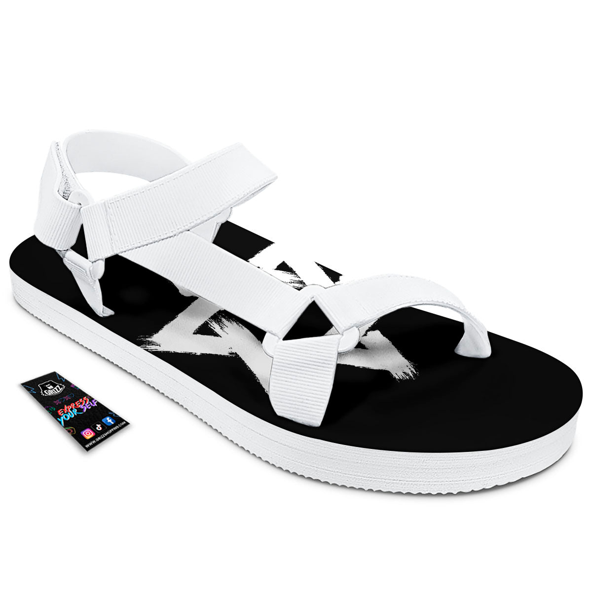 Black And White Star of David Print White Open Toe Sandals-grizzshop