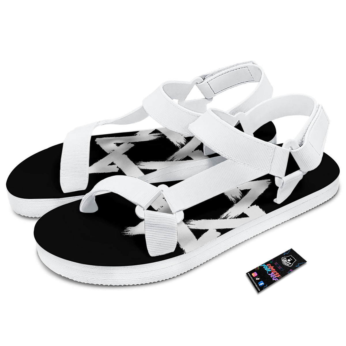 Black And White Star of David Print White Open Toe Sandals-grizzshop