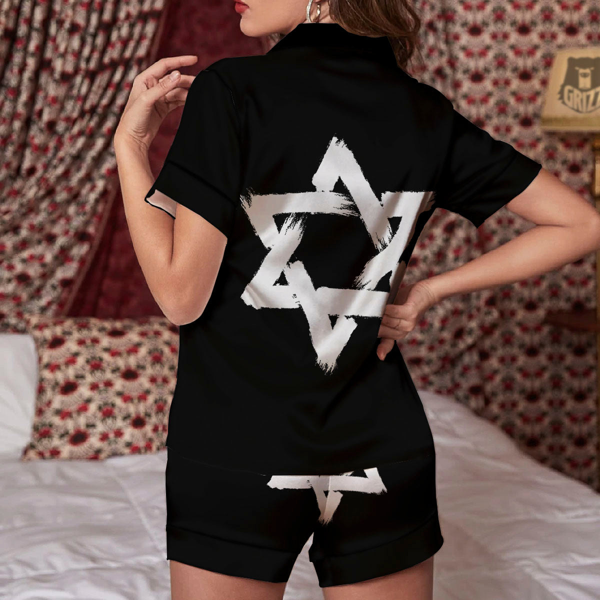 Black And White Star of David Print Women Silk Pajamas-grizzshop