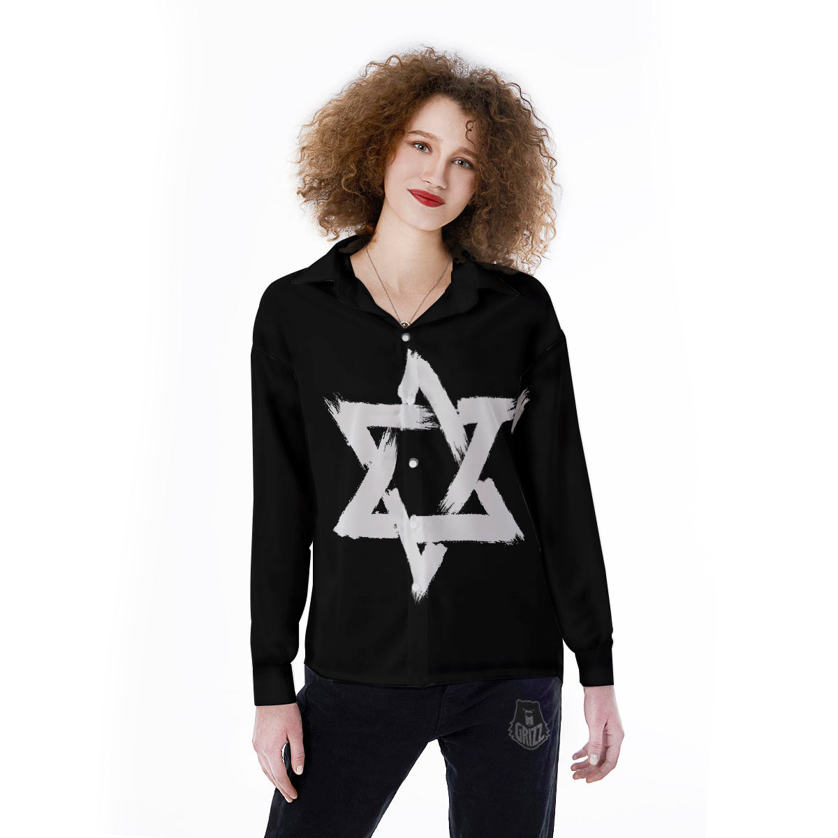 Black And White Star of David Print Women's Long Sleeve Shirts-grizzshop