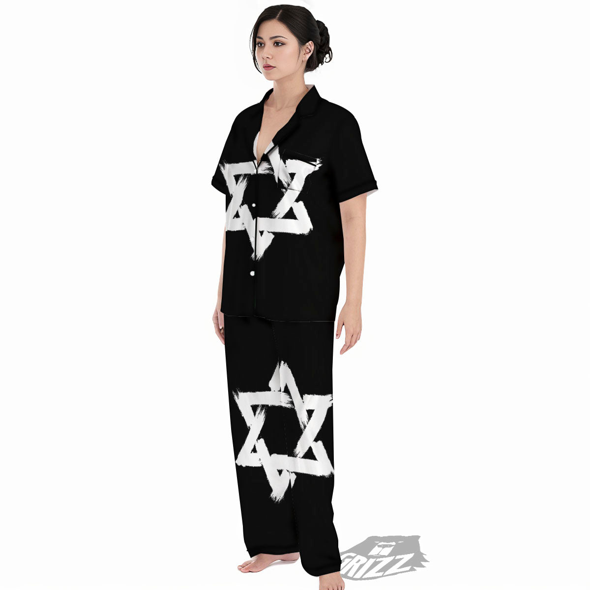 Black And White Star of David Print Women's Pajamas Set-grizzshop