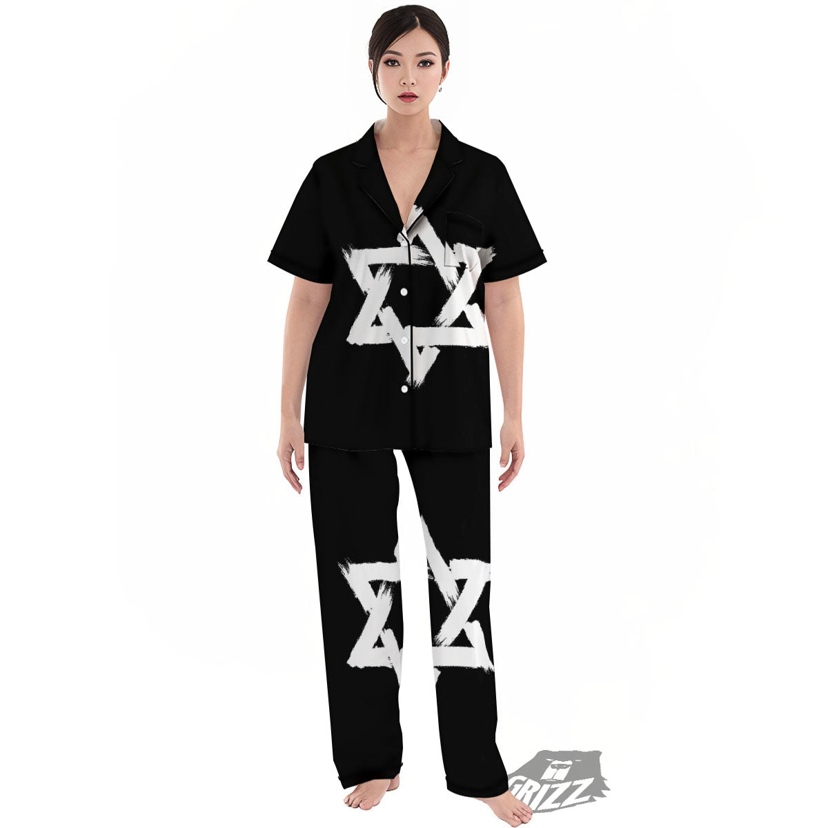 Black And White Star of David Print Women's Pajamas Set-grizzshop