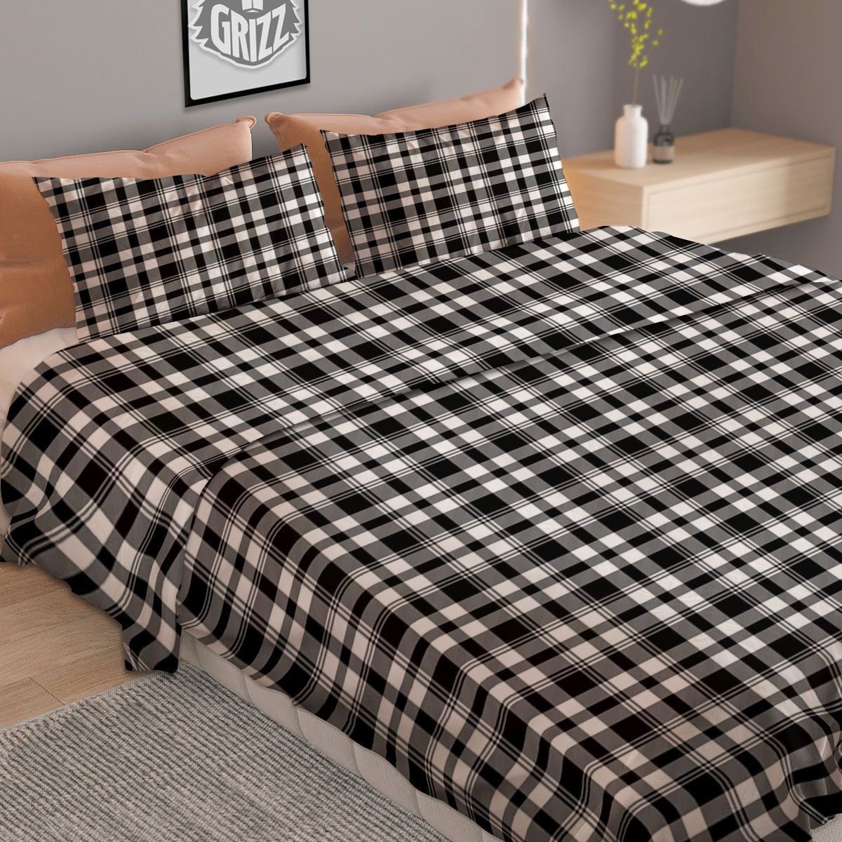 Black And White Tartan Print Pattern Duvet Cover Bedding Set