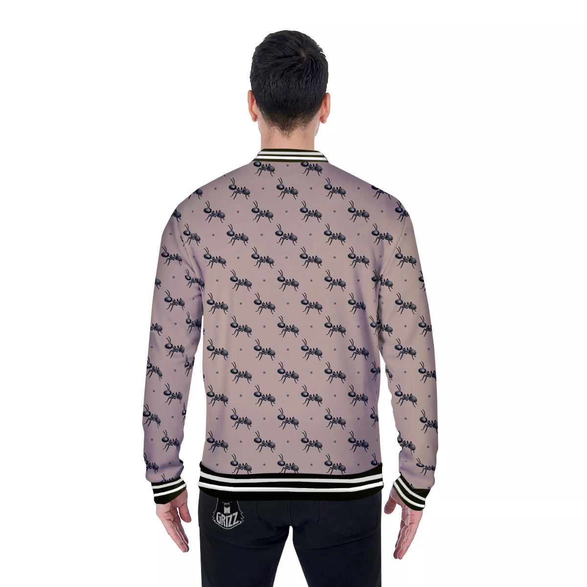 Black Ant Print Pattern Baseball Jacket-grizzshop