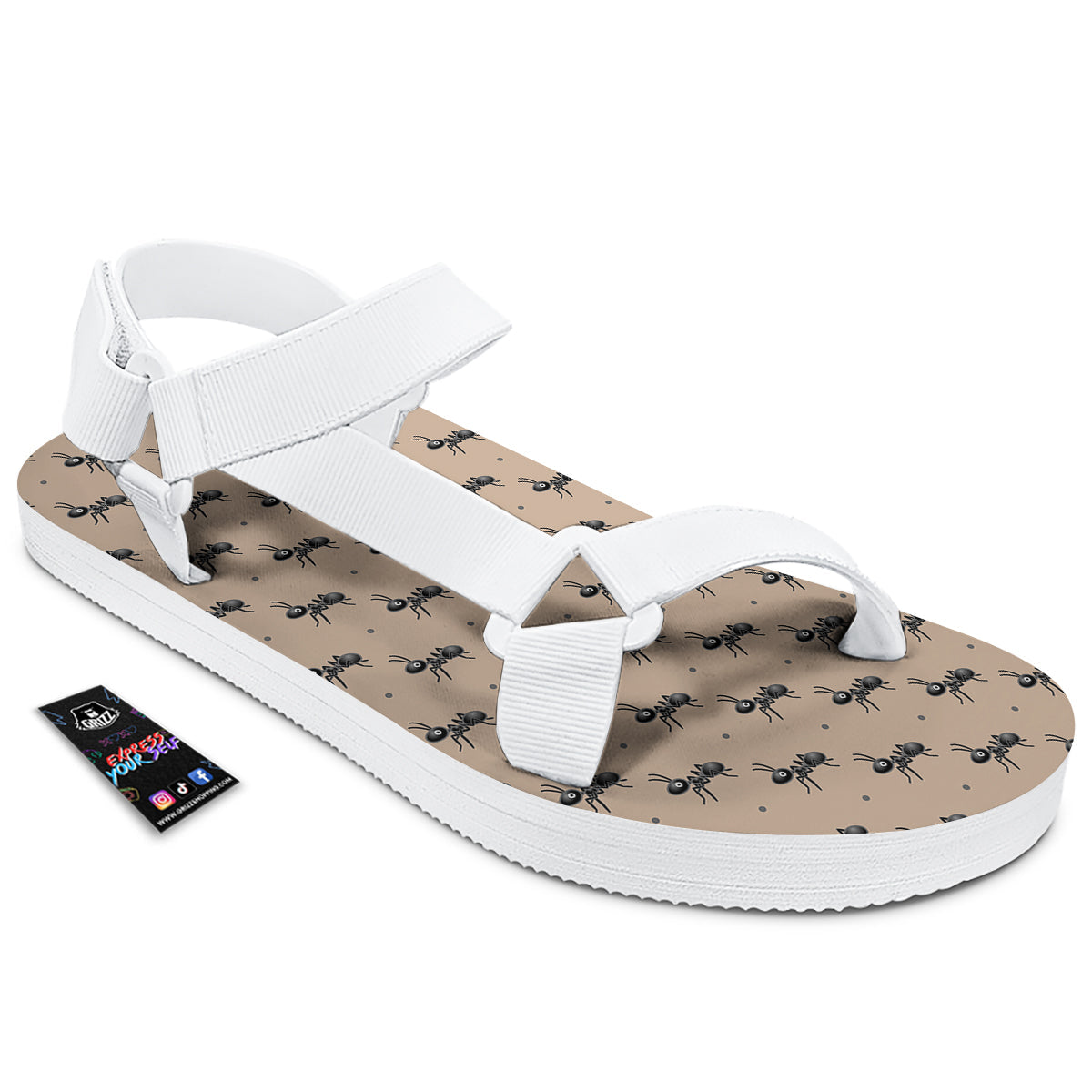 Black Ant Print Pattern White Open Toe Sandals-grizzshop