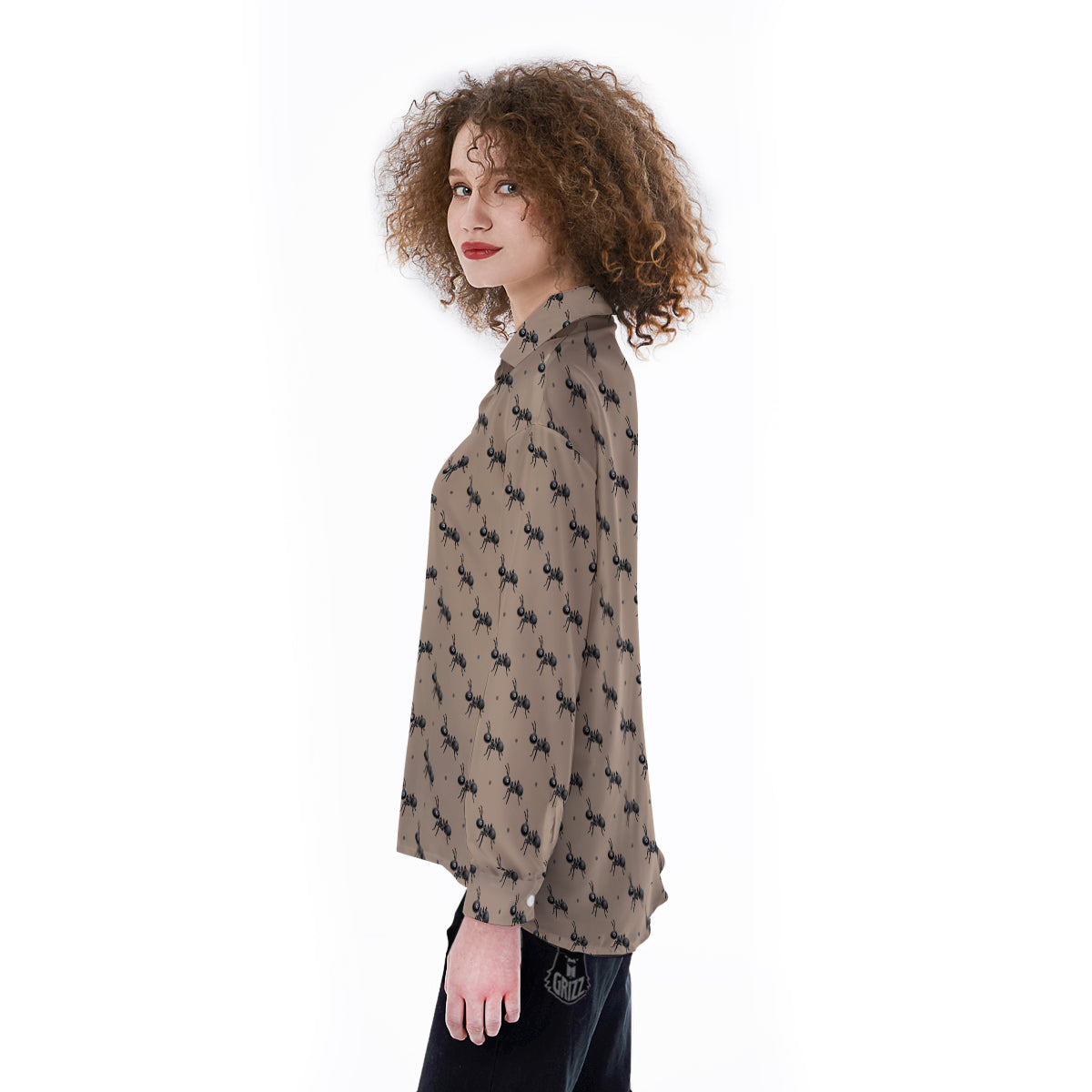 Black Ant Print Pattern Women's Long Sleeve Shirts-grizzshop