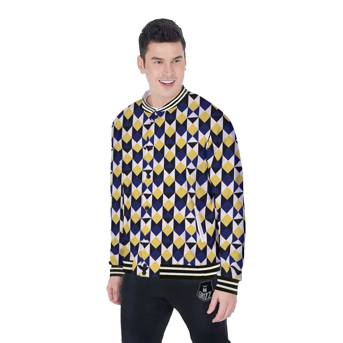 Black Argyle And Blue Yellow Print Pattern Baseball Jacket-grizzshop