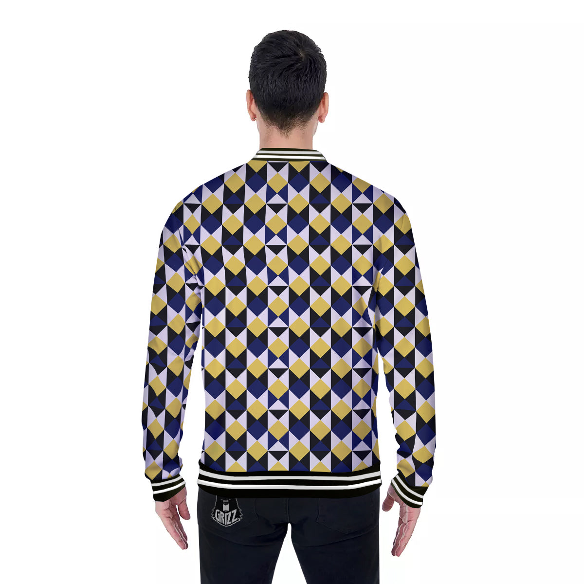 Black Argyle And Blue Yellow Print Pattern Baseball Jacket-grizzshop