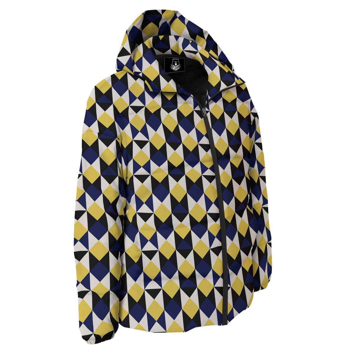 Black Argyle And Blue Yellow Print Pattern Down Jacket-grizzshop