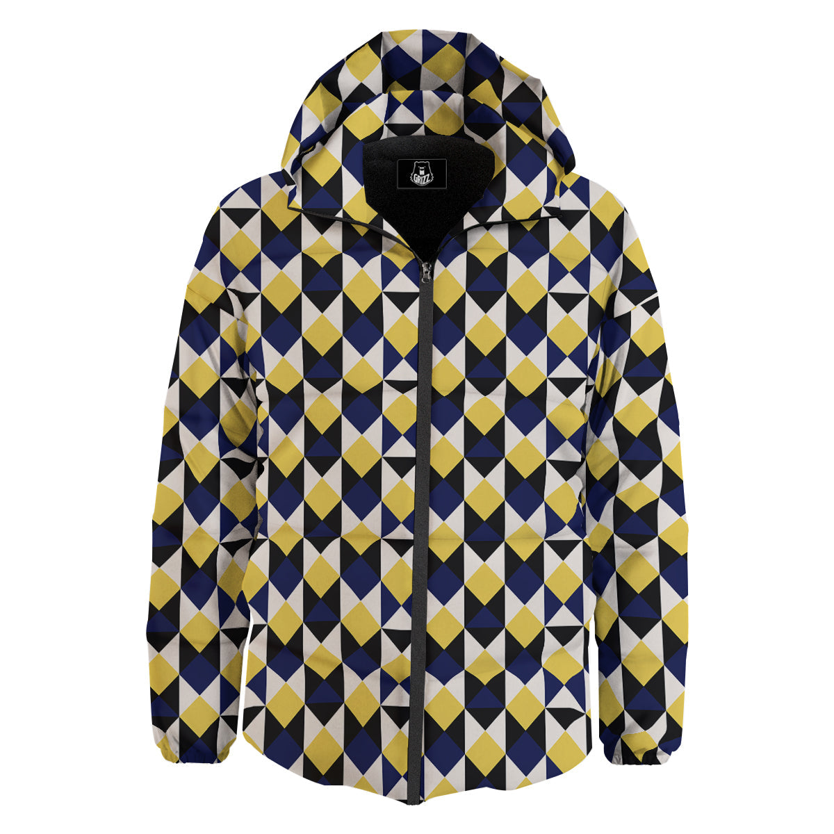 Black Argyle And Blue Yellow Print Pattern Down Jacket-grizzshop