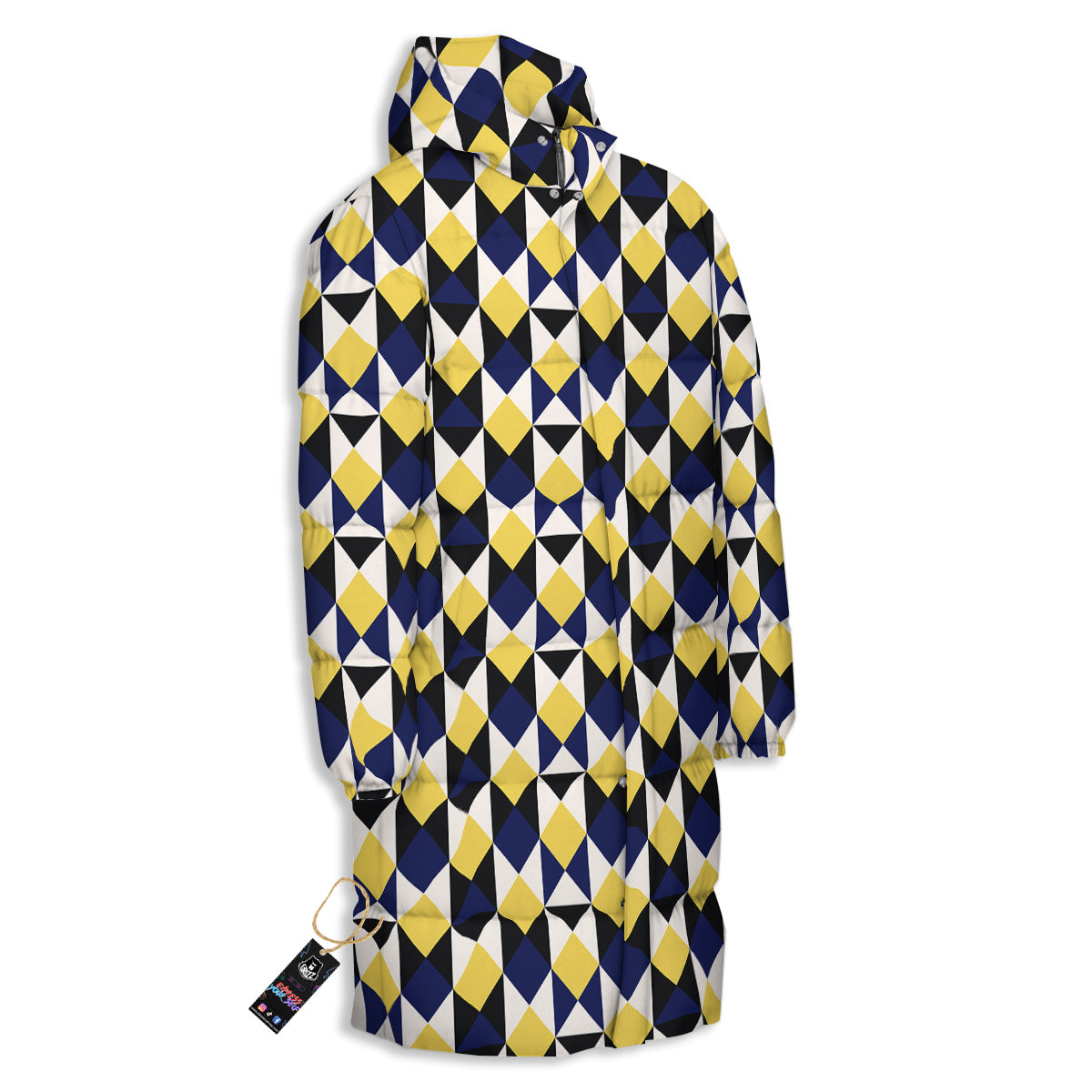 Black Argyle And Blue Yellow Print Pattern Long Down Jacket-grizzshop