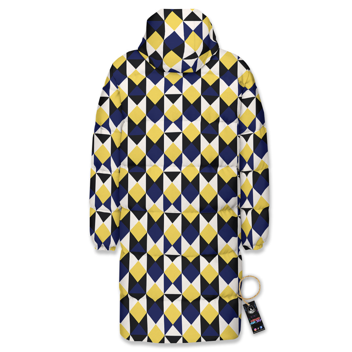 Black Argyle And Blue Yellow Print Pattern Long Down Jacket-grizzshop