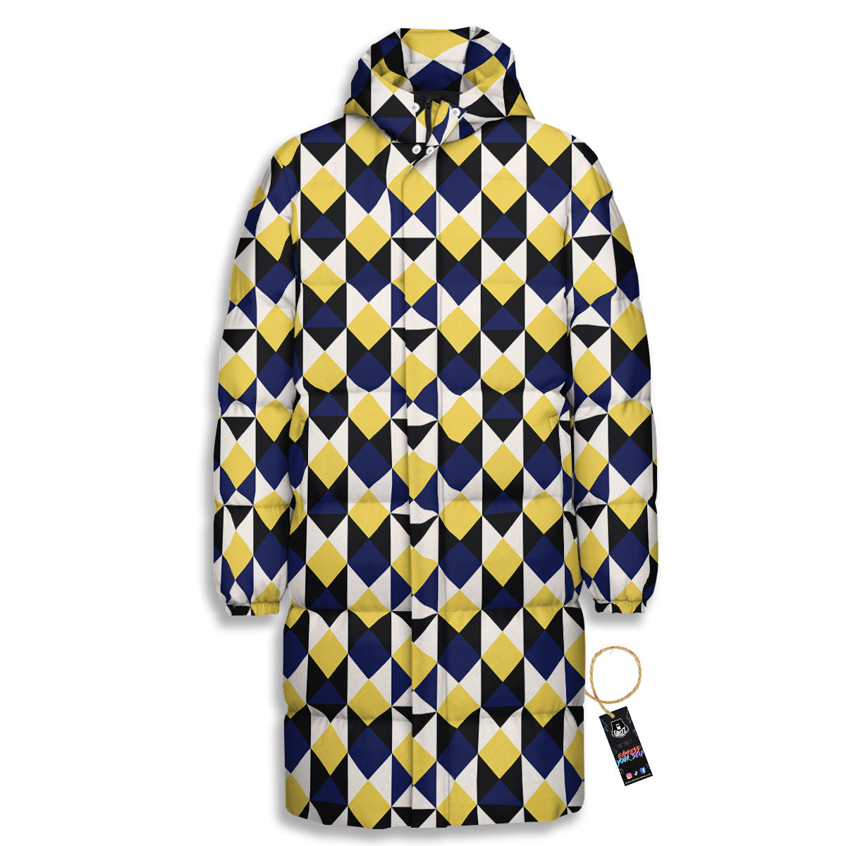 Black Argyle And Blue Yellow Print Pattern Long Down Jacket-grizzshop