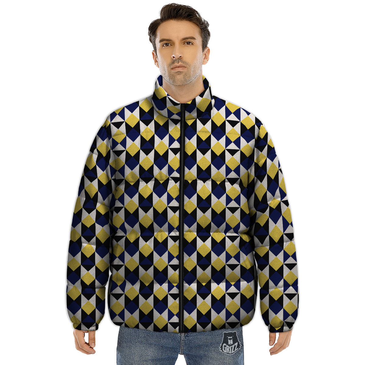 Black Argyle And Blue Yellow Print Pattern Puffer Jacket-grizzshop