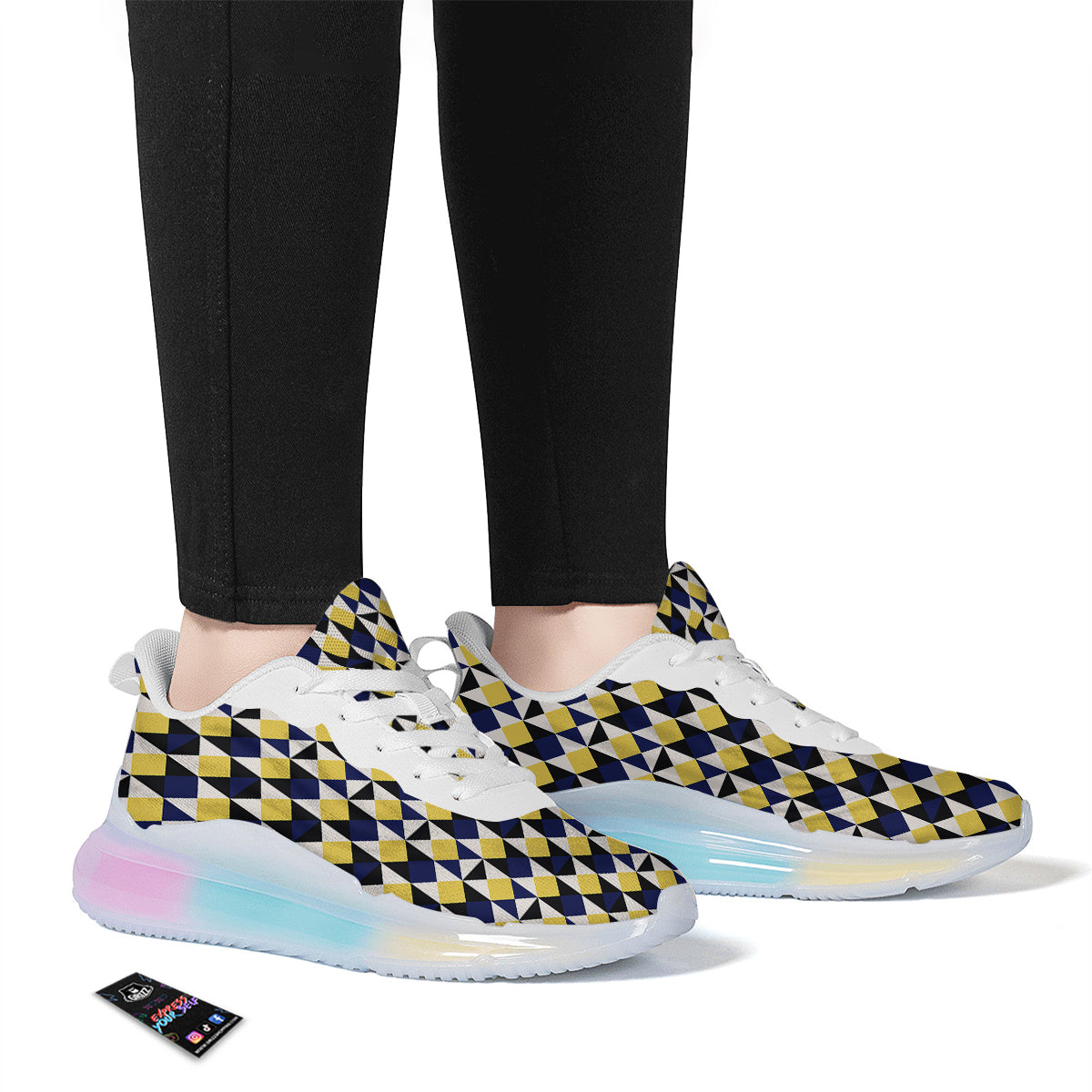 Black Argyle And Blue Yellow Print Pattern Running Sneakers-grizzshop