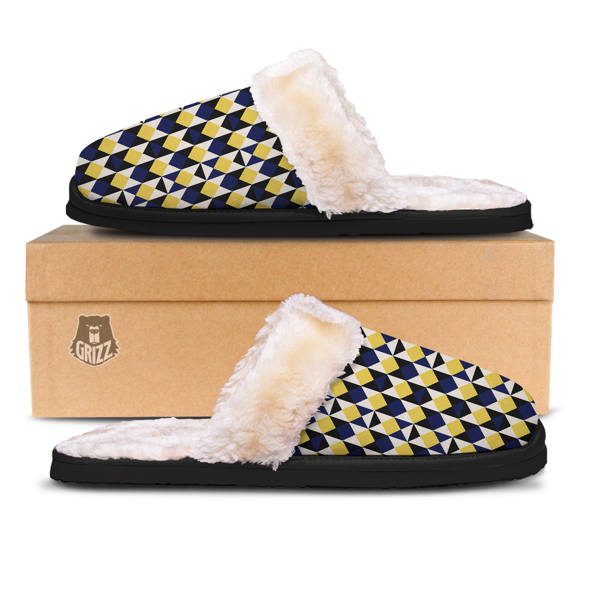 Black Argyle And Blue Yellow Print Pattern Slippers-grizzshop