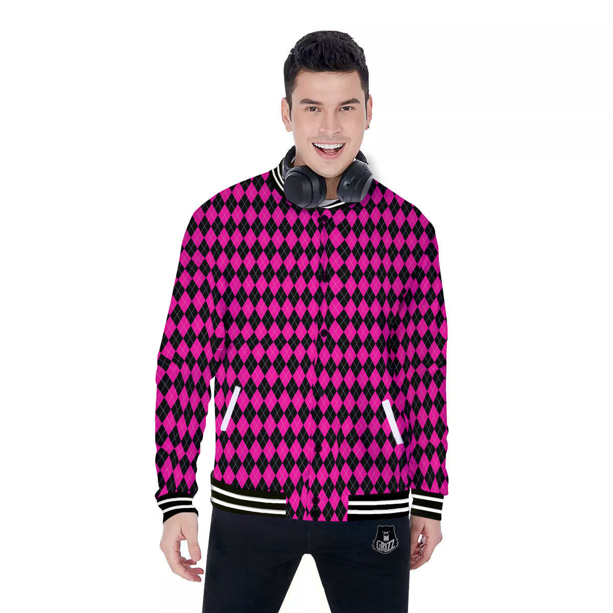 Black Argyle And Deep Pink Print Pattern Baseball Jacket-grizzshop