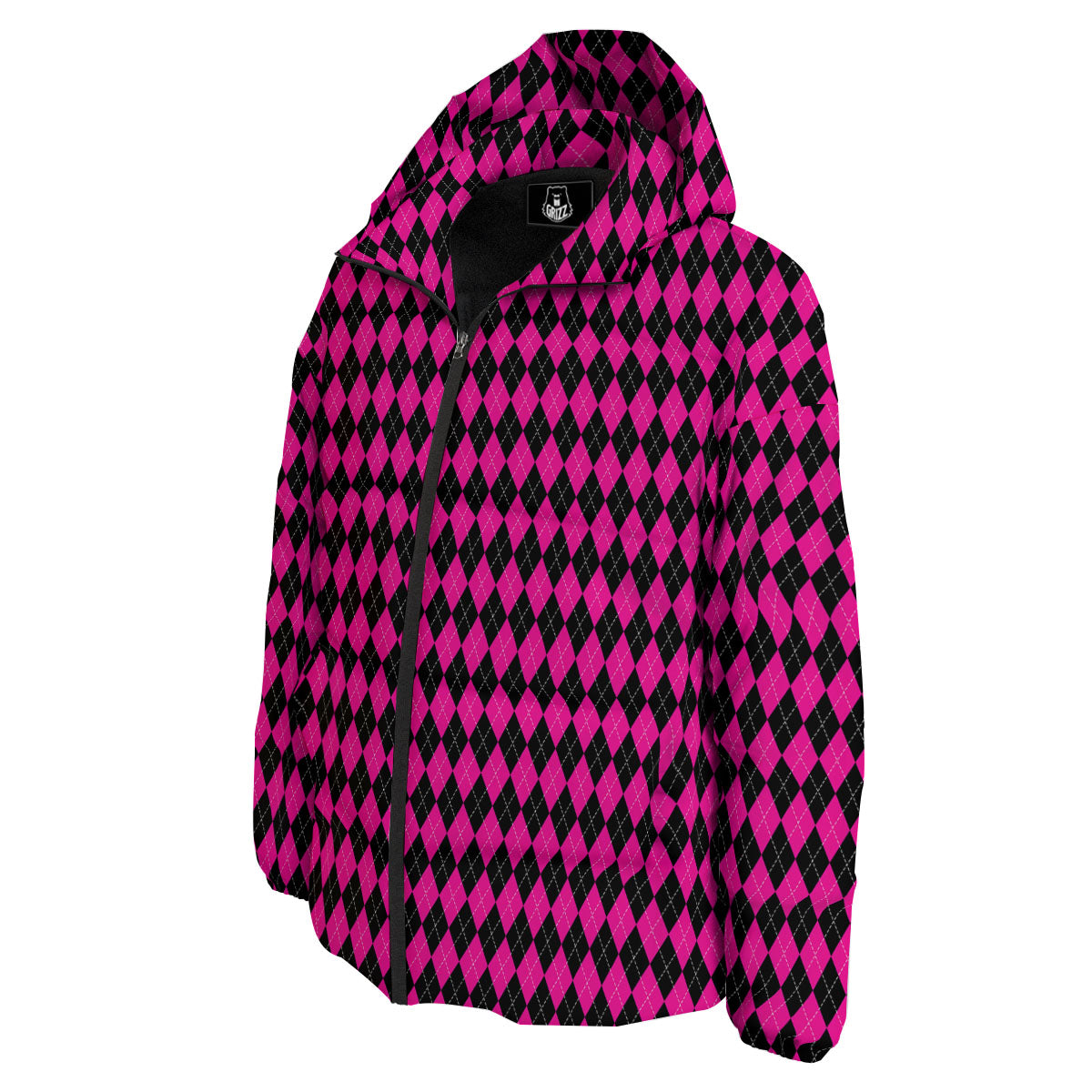 Black Argyle And Deep Pink Print Pattern Down Jacket-grizzshop