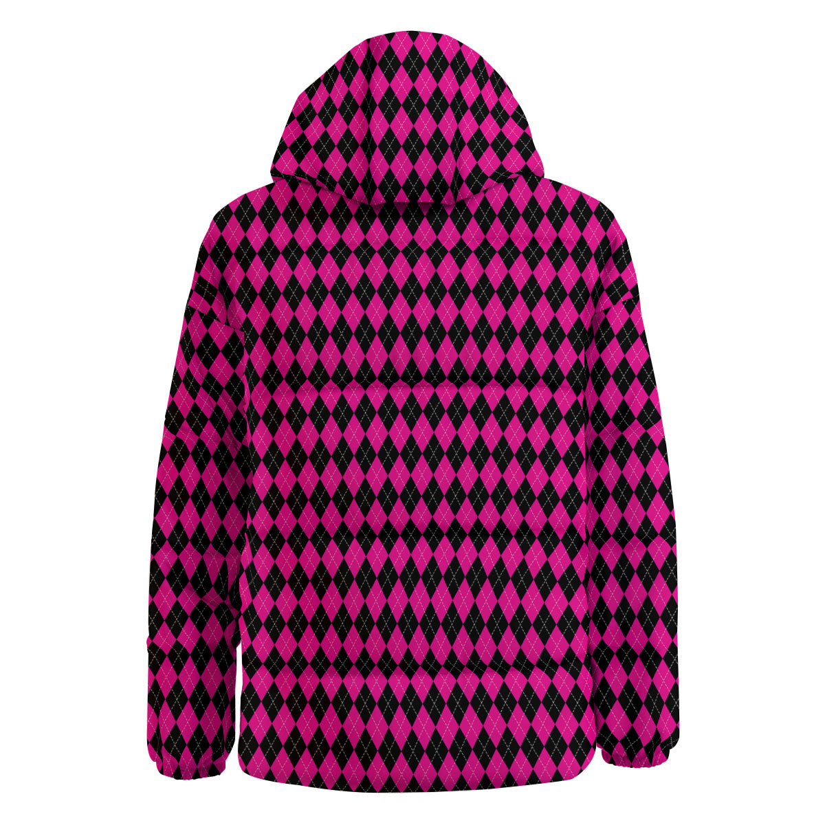 Black Argyle And Deep Pink Print Pattern Down Jacket-grizzshop