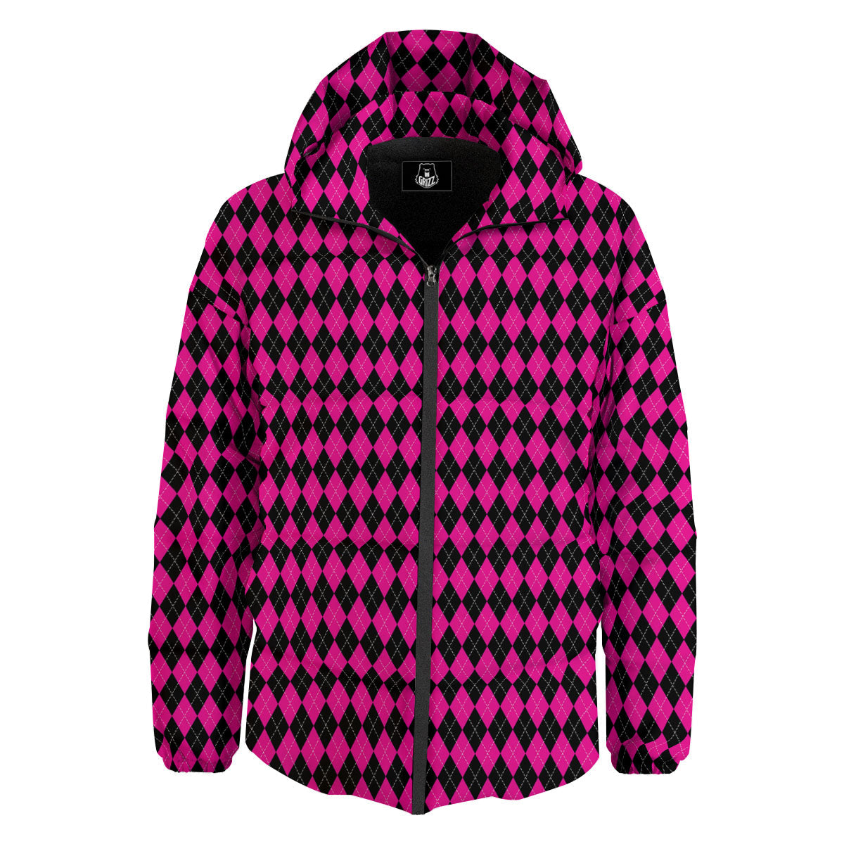 Black Argyle And Deep Pink Print Pattern Down Jacket-grizzshop