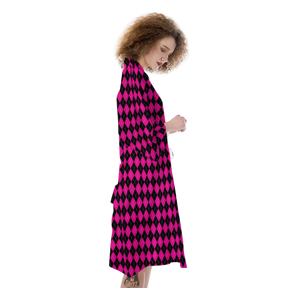 Black Argyle And Deep Pink Print Pattern Kimono-grizzshop