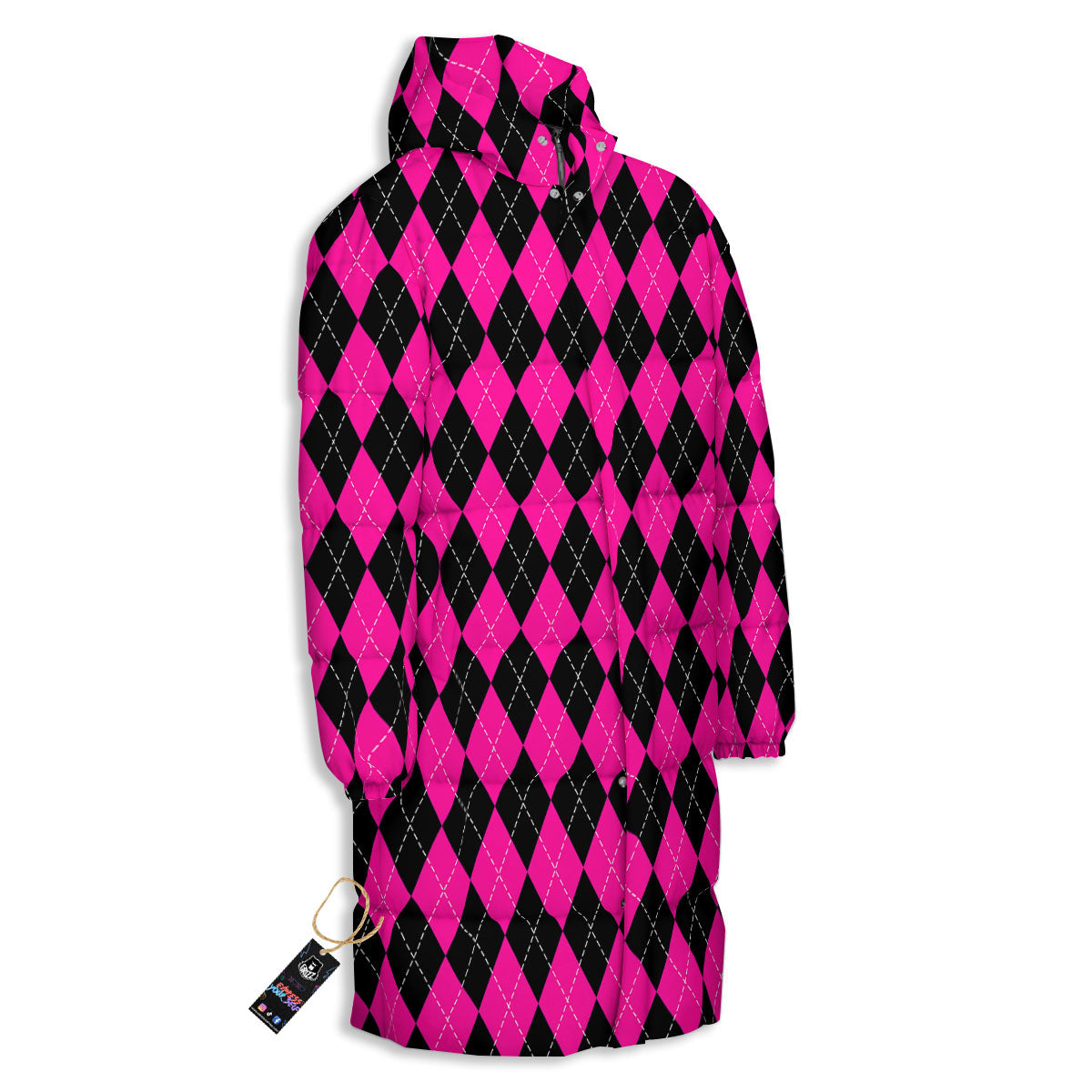 Black Argyle And Deep Pink Print Pattern Long Down Jacket-grizzshop
