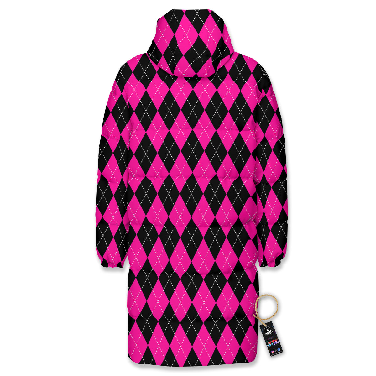 Black Argyle And Deep Pink Print Pattern Long Down Jacket-grizzshop