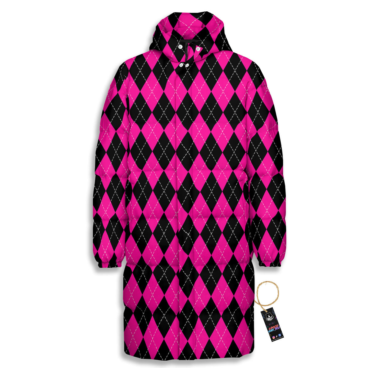 Black Argyle And Deep Pink Print Pattern Long Down Jacket-grizzshop