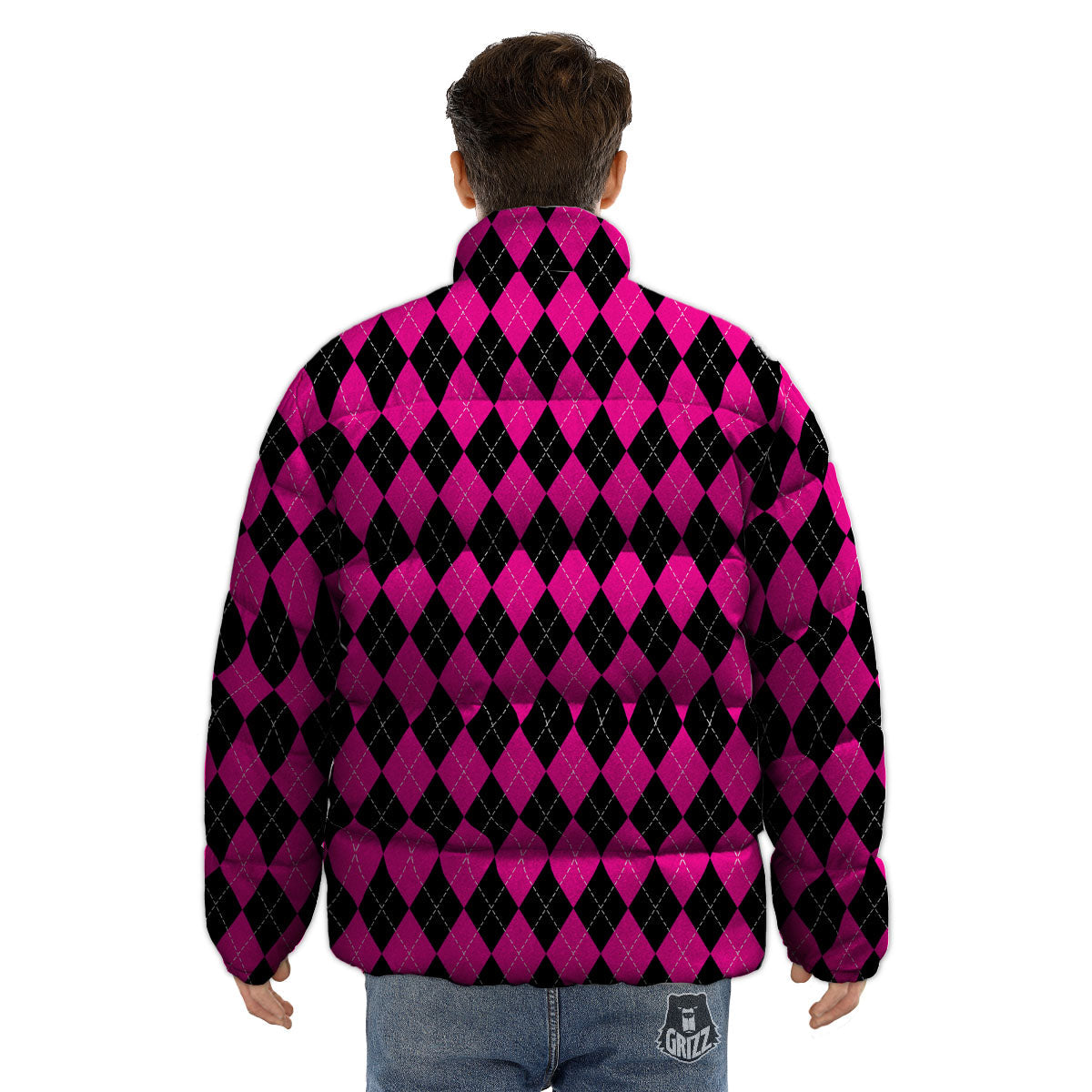 Black Argyle And Deep Pink Print Pattern Puffer Jacket-grizzshop