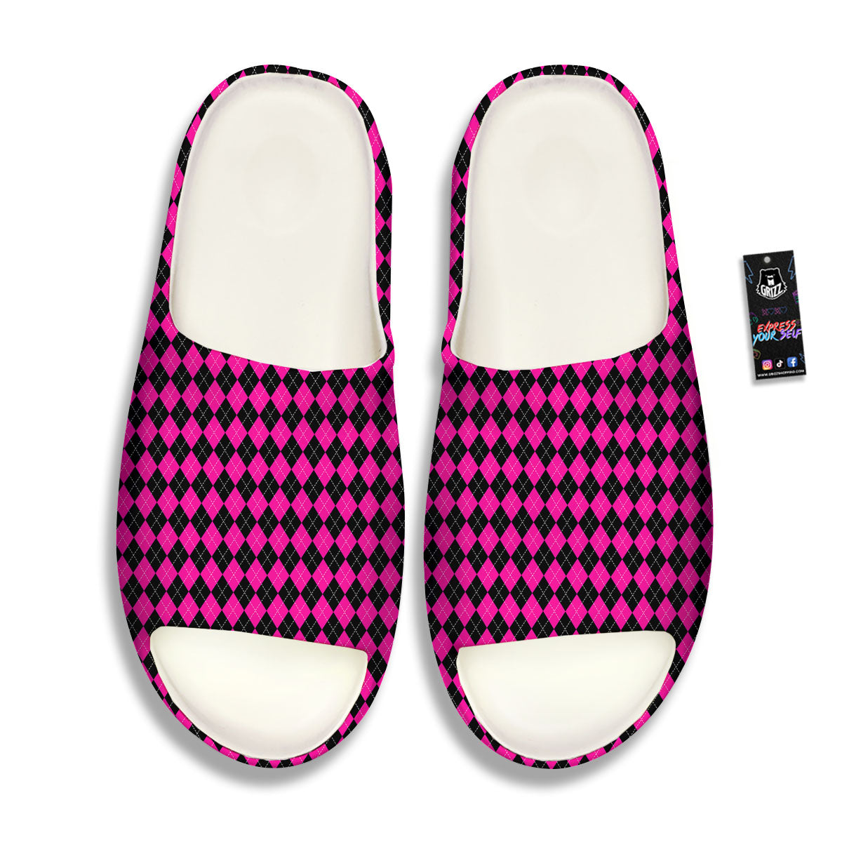 Black Argyle And Deep Pink Print Pattern Sandals-grizzshop