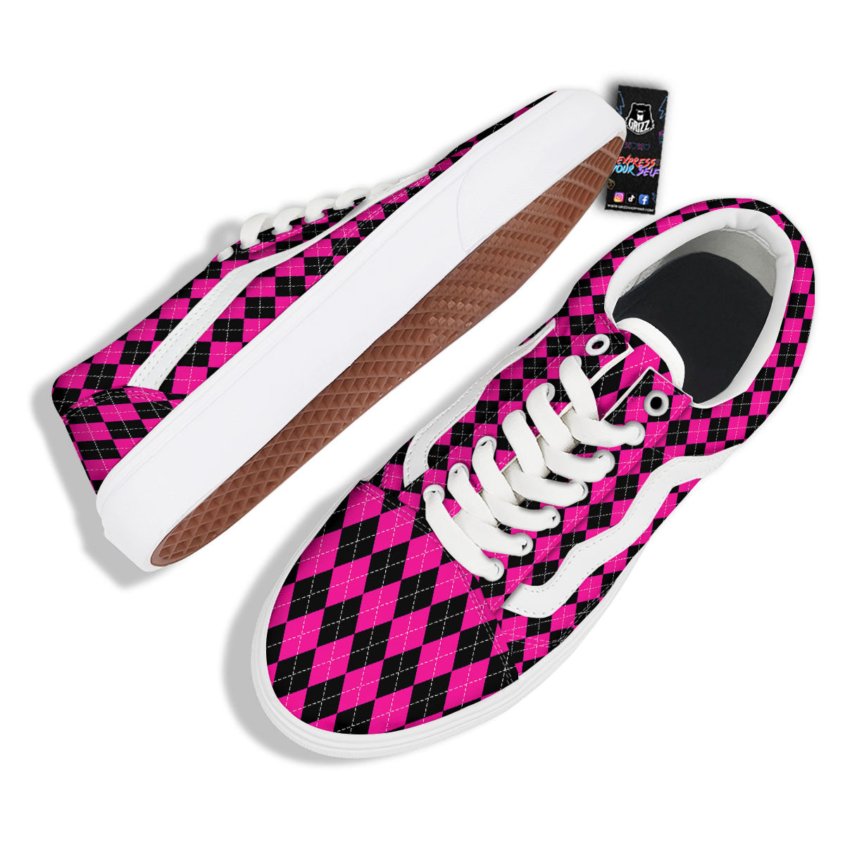 Black Argyle And Deep Pink Print Pattern Skate Shoes-grizzshop