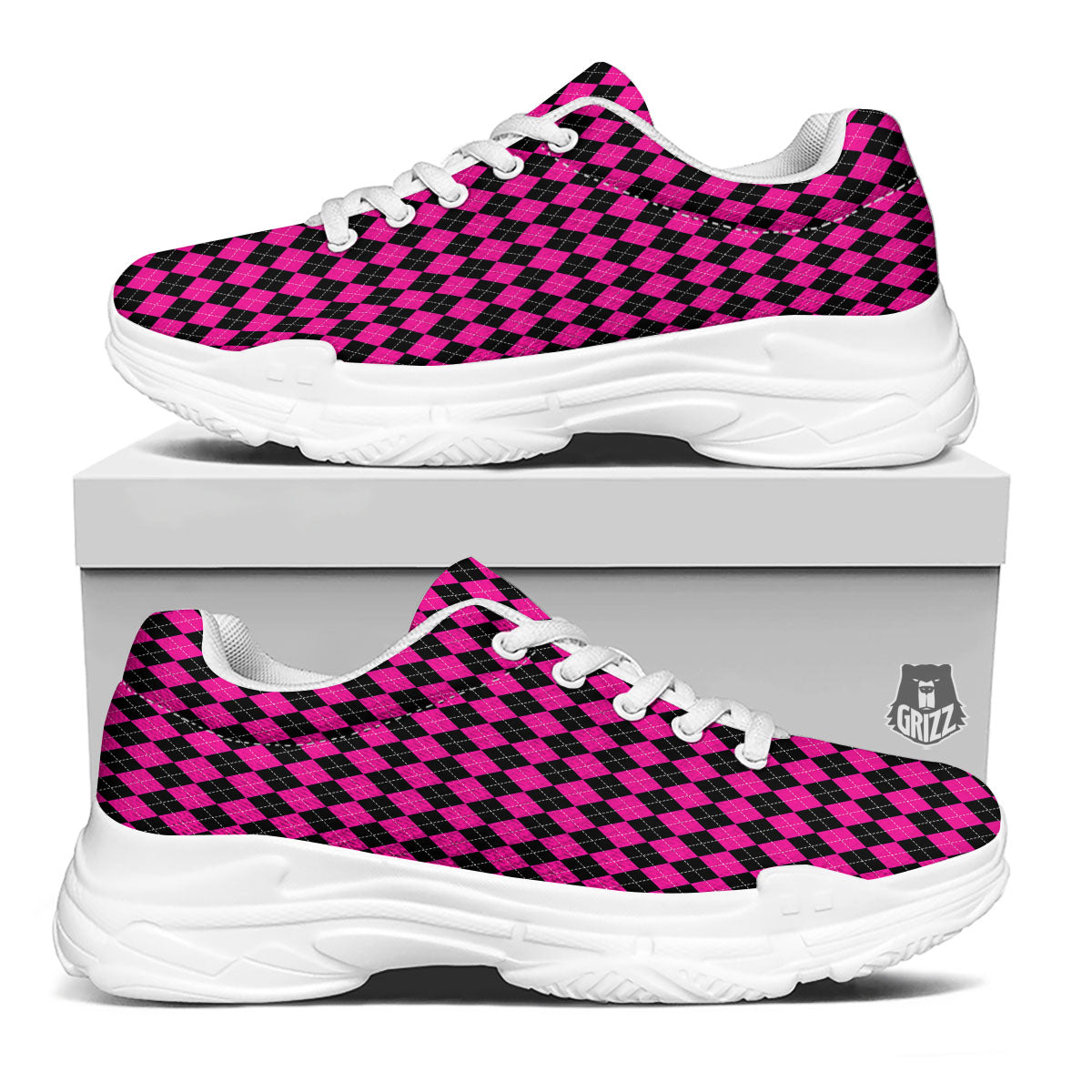 Black Argyle And Deep Pink Print Pattern White Chunky Shoes-grizzshop