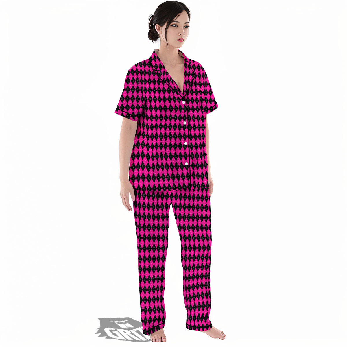 Black Argyle And Deep Pink Print Pattern Women's Pajamas Set-grizzshop