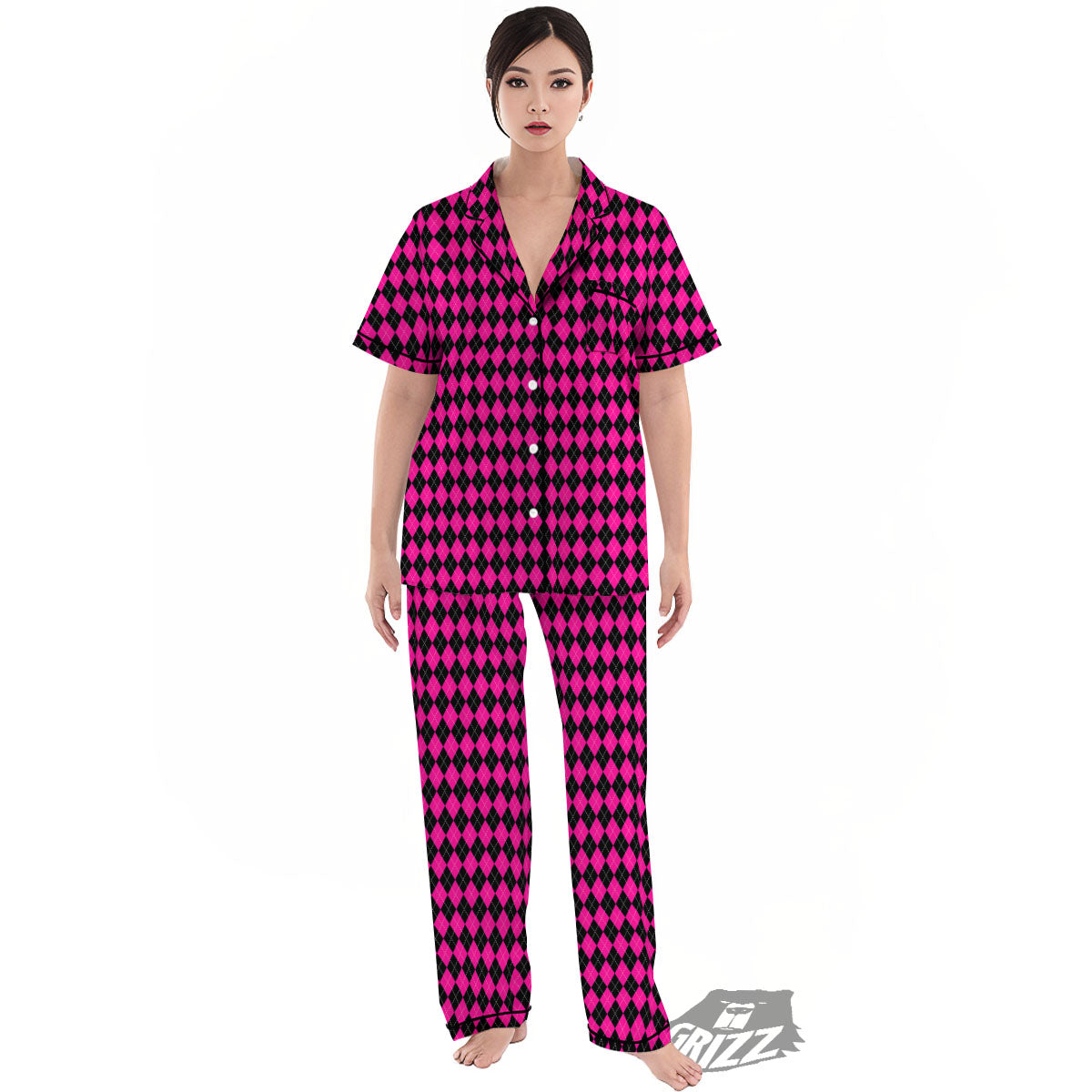 Black Argyle And Deep Pink Print Pattern Women's Pajamas Set-grizzshop