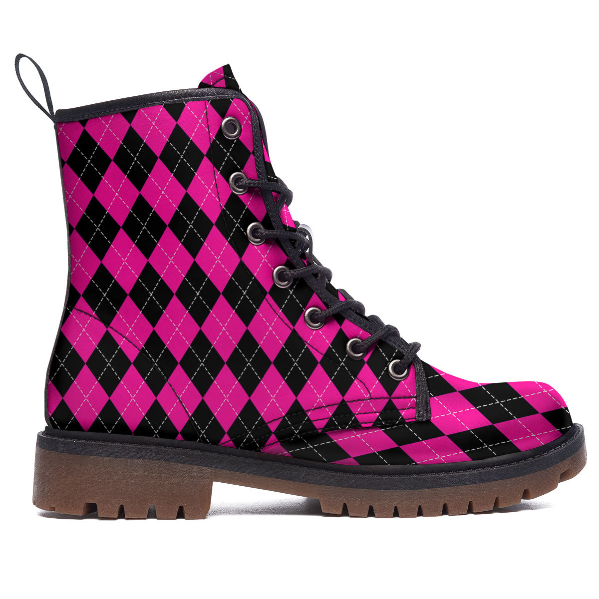 Black Argyle And Deep Pink Print Pattern Work Boots-grizzshop
