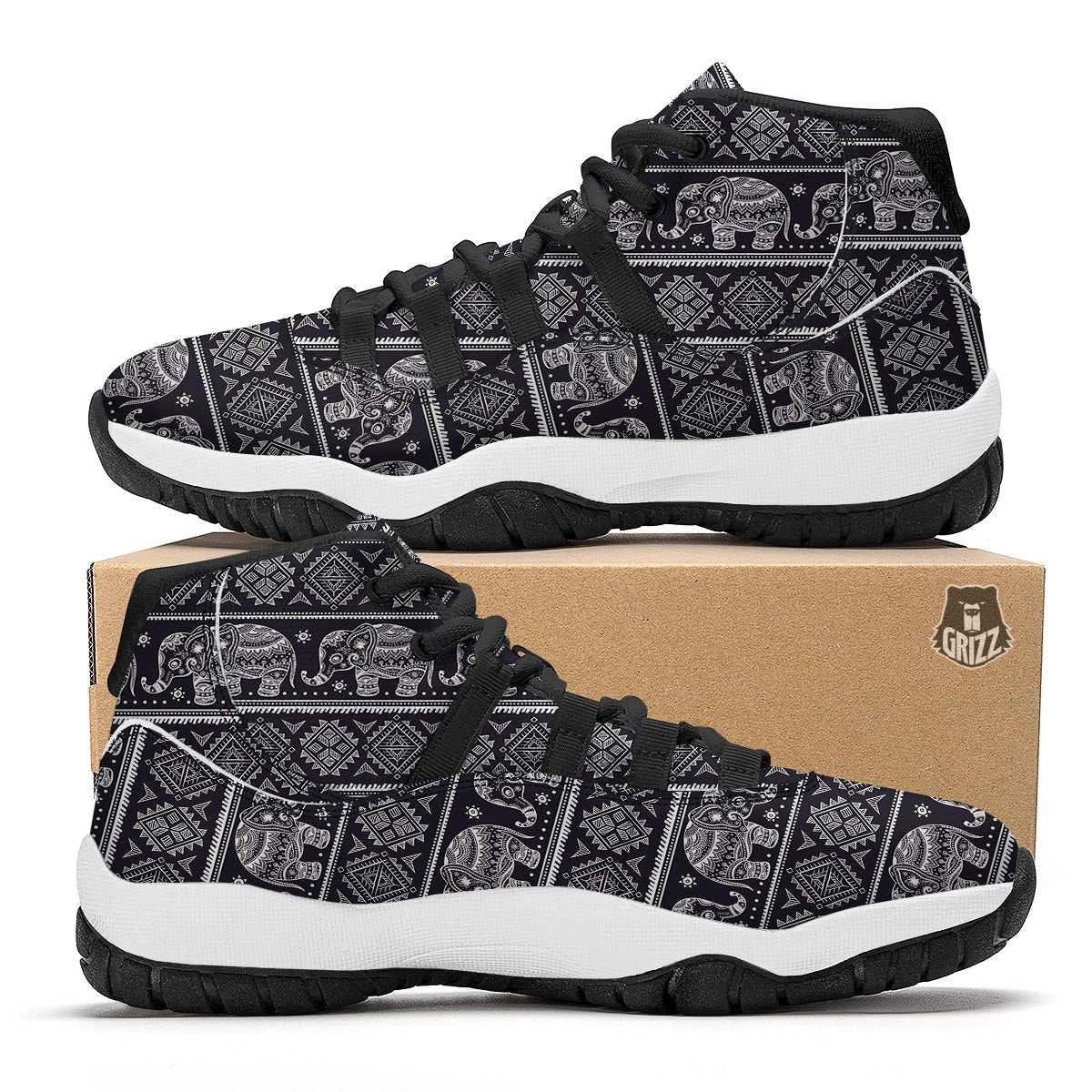Black Aztec Elephant Pattern Print Black Bball Shoes-grizzshop