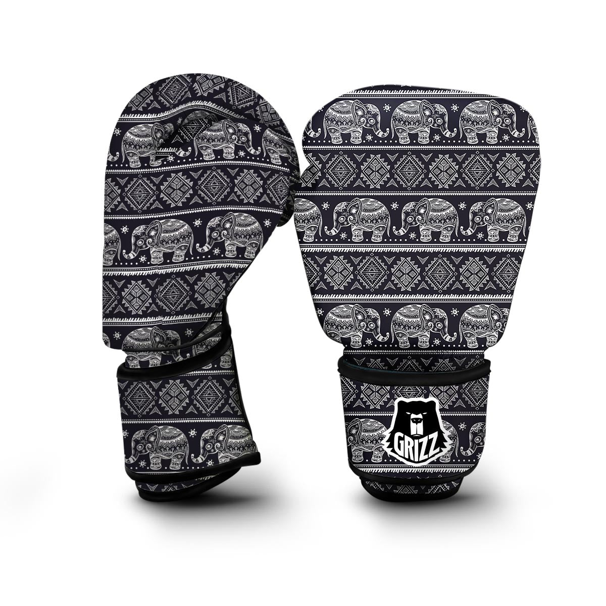 Black Aztec Elephant Pattern Print Boxing Gloves-grizzshop