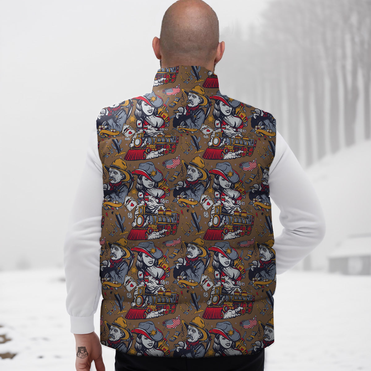 Black Aztec Elephant Pattern Print Down Vest