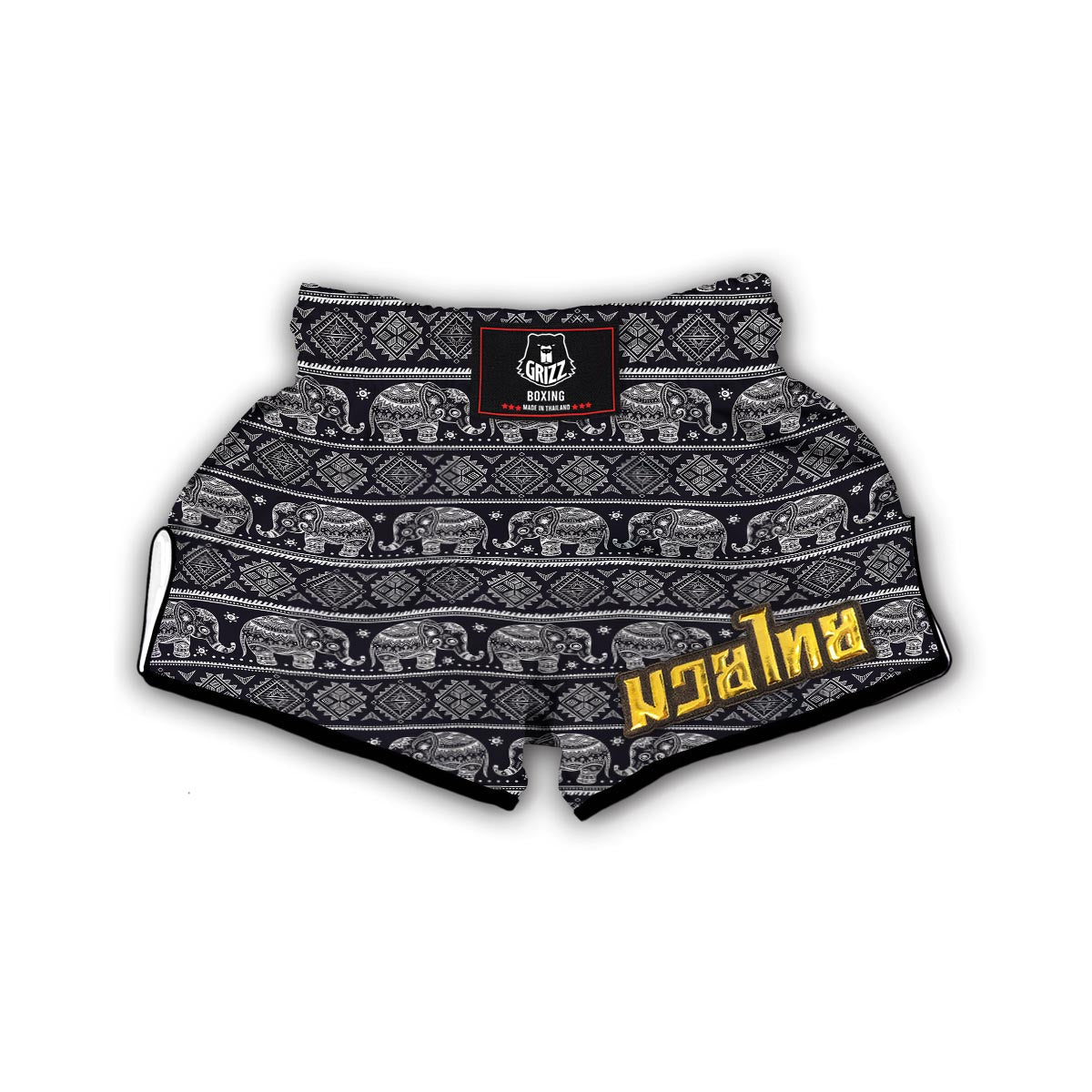 Black Aztec Elephant Pattern Print Muay Thai Boxing Shorts-grizzshop