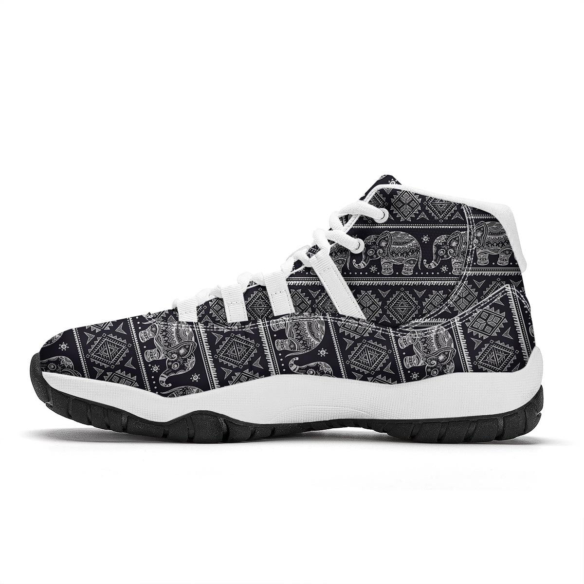 Black Aztec Elephant Pattern Print White Bball Shoes-grizzshop