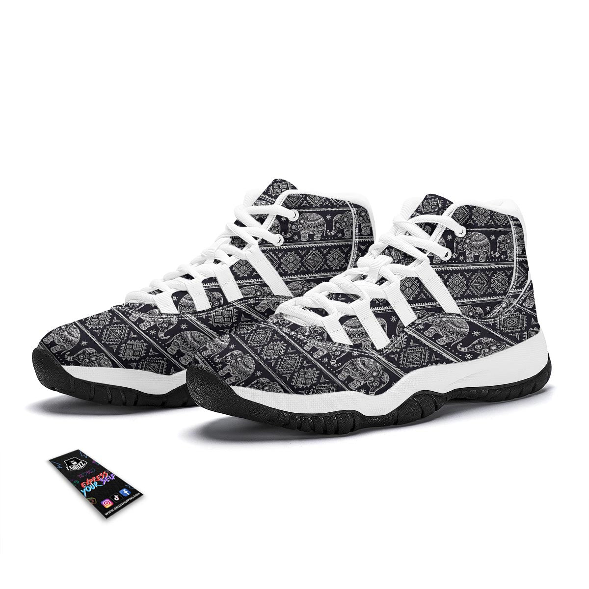 Black Aztec Elephant Pattern Print White Bball Shoes-grizzshop
