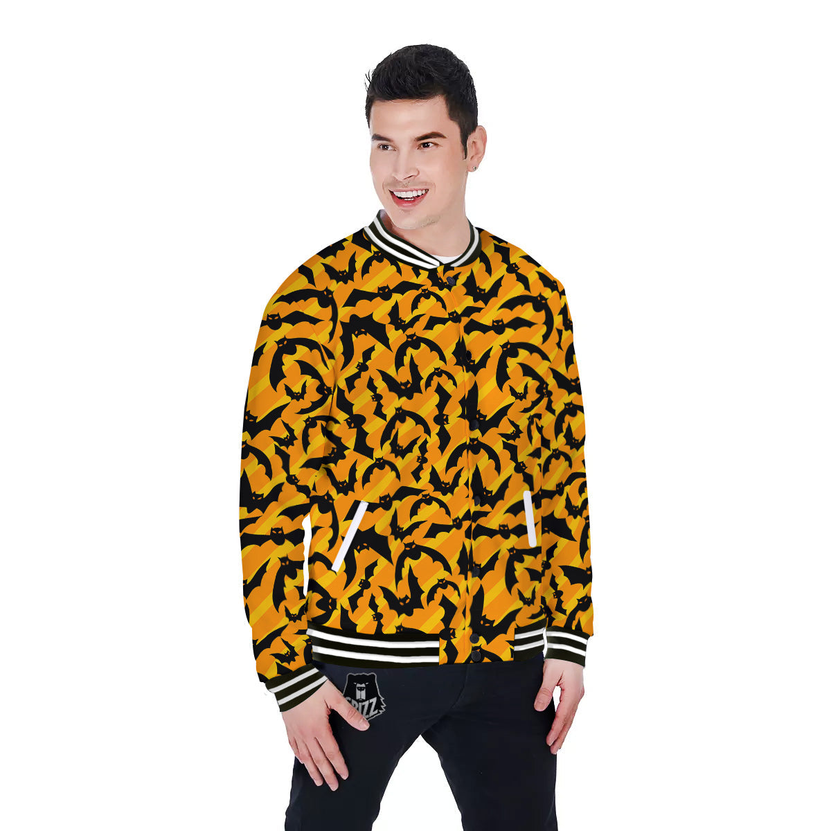 Black Bat And Orange Striped Print Pattern Baseball Jacket-grizzshop