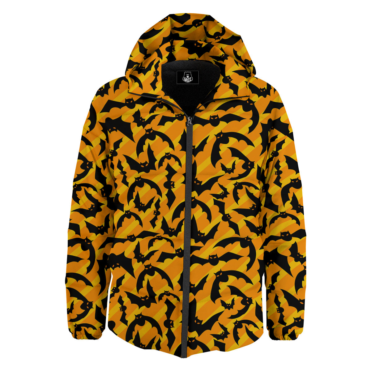 Black Bat And Orange Striped Print Pattern Down Jacket-grizzshop