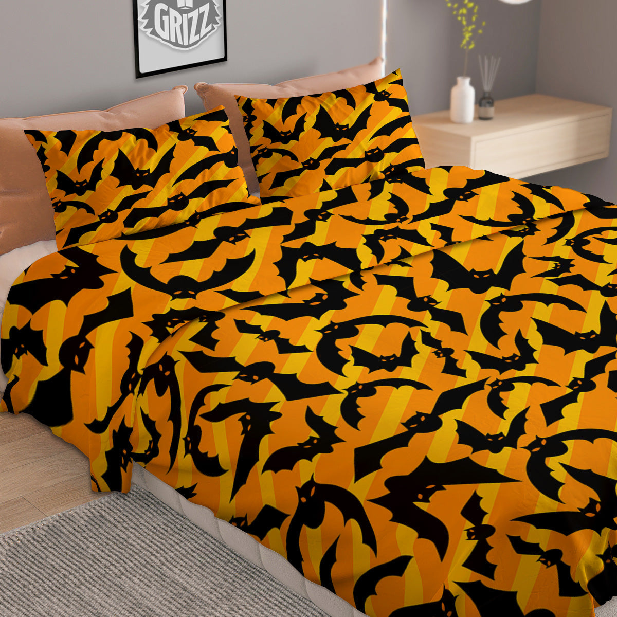 Black Bat And Orange Striped Print Pattern Duvet Cover Bedding Set